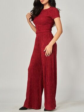 B61 Crinkle Plisse Short Sleeve Wide Leg Pant & Top Set NEW - Red Lipstick